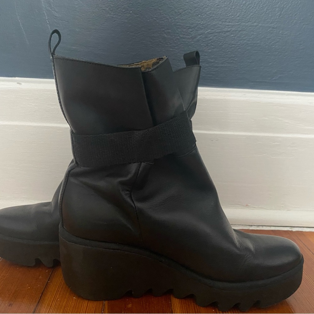 Fly London Black Ankle Boots with Chunky Wedge Heel - Picture 4 of 5